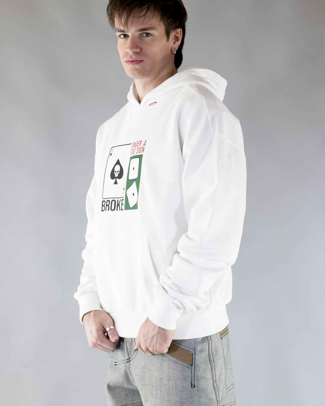 Felpa Hoodie Bianca – Broke Under a Bad Sign